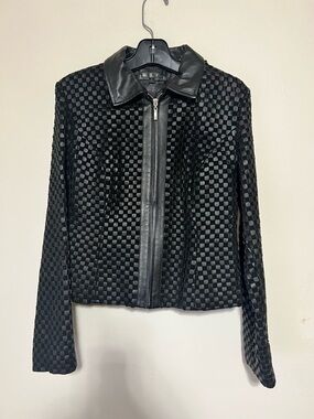 Wilsons Leather Suede Black Checker-Textured Zip Jacket Medium